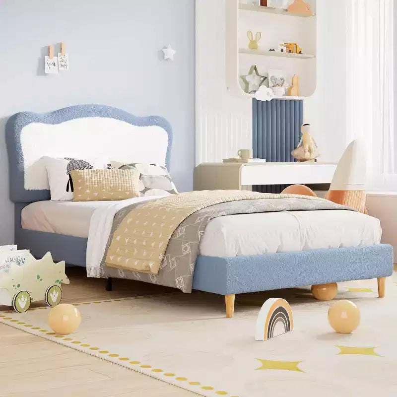 Cadre de lit double/complet pour enfants avec tête de lit festonnée bicolore en velours