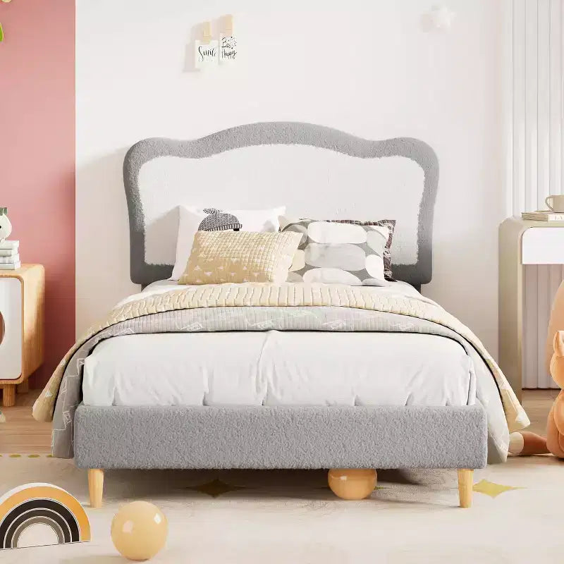 Cadre de lit double/complet pour enfants avec tête de lit festonnée bicolore en velours