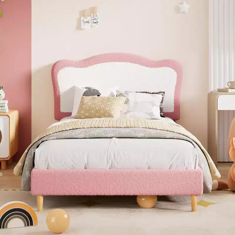 Cadre de lit double/complet pour enfants avec tête de lit festonnée bicolore en velours