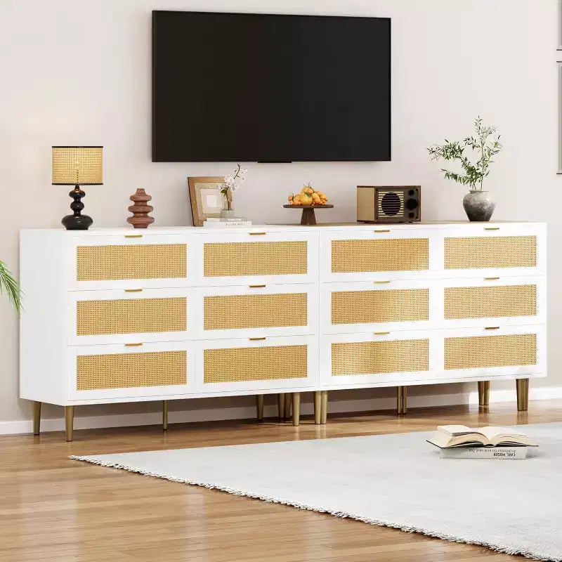 Armoire de rangement en rotin à 6 tiroirs de 29,5 po, buffet large avec grand plateau, conception anti-basculement pour chambre et salon