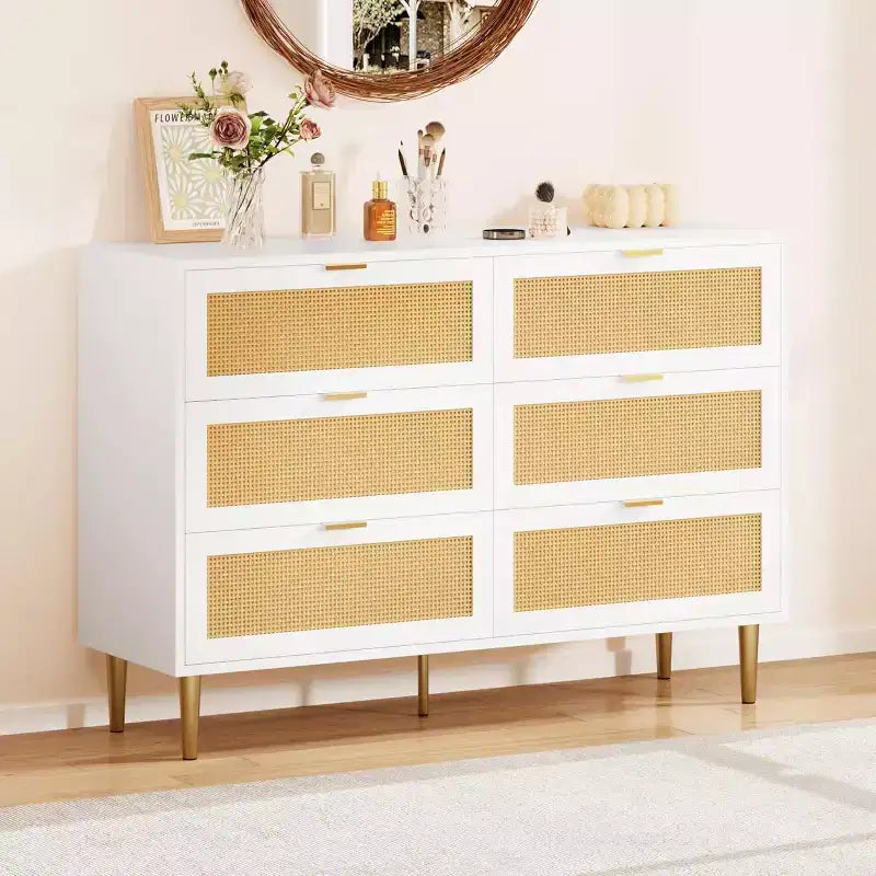 Armoire de rangement en rotin à 6 tiroirs de 29,5 po, buffet large avec grand plateau, conception anti-basculement pour chambre et salon
