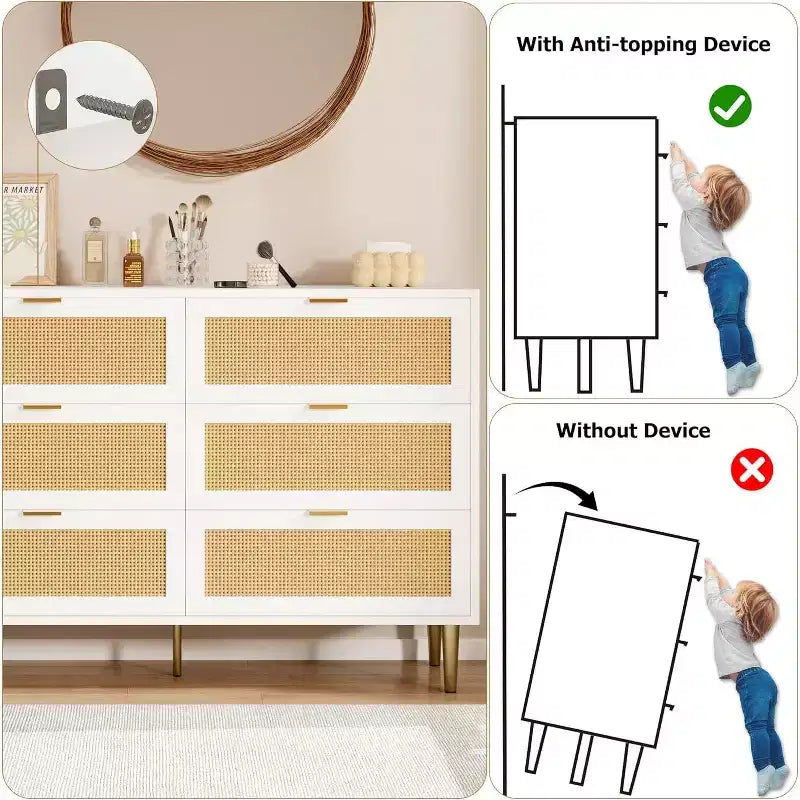 Armoire de rangement en rotin à 6 tiroirs de 29,5 po, buffet large avec grand plateau, conception anti-basculement pour chambre et salon