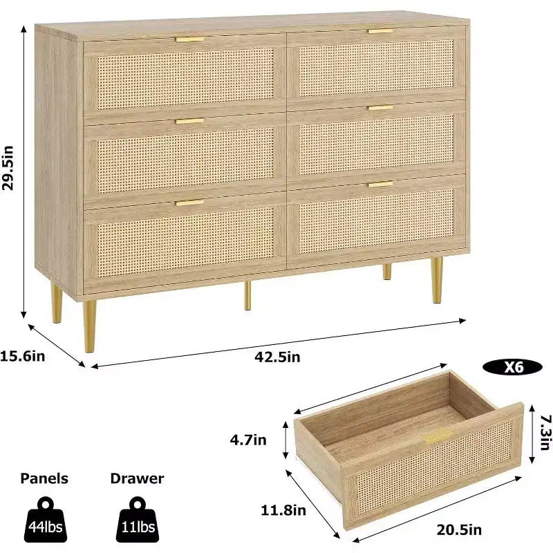 Armoire de rangement en rotin à 6 tiroirs de 29,5 po, buffet large avec grand plateau, conception anti-basculement pour chambre et salon