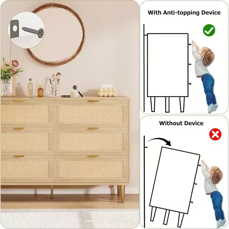 Armoire de rangement en rotin à 6 tiroirs de 29,5 po, buffet large avec grand plateau, conception anti-basculement pour chambre et salon
