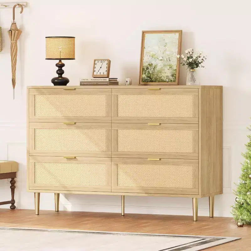 Armoire de rangement en rotin à 6 tiroirs de 29,5 po, buffet large avec grand plateau, conception anti-basculement pour chambre et salon