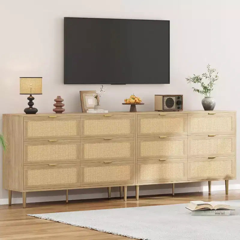 Armoire de rangement en rotin à 6 tiroirs de 29,5 po, buffet large avec grand plateau, conception anti-basculement pour chambre et salon