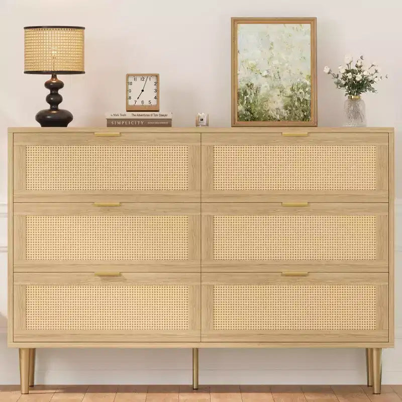 Armoire de rangement en rotin à 6 tiroirs de 29,5 po, buffet large avec grand plateau, conception anti-basculement pour chambre et salon