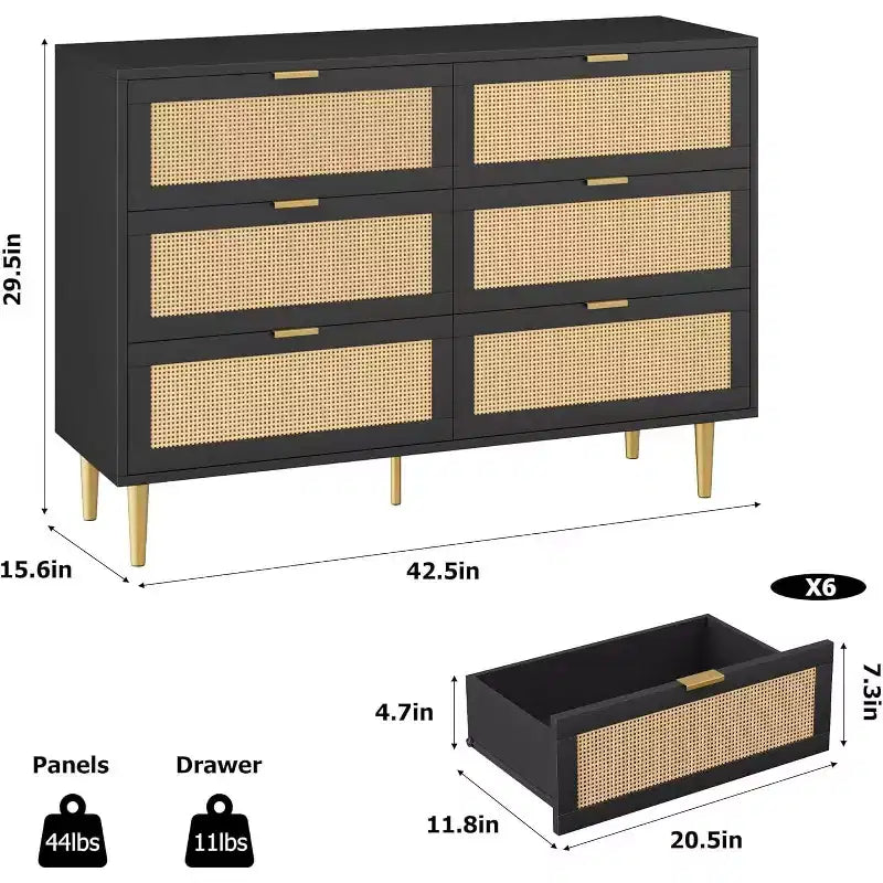 Armoire de rangement en rotin à 6 tiroirs de 29,5 po, buffet large avec grand plateau, conception anti-basculement pour chambre et salon