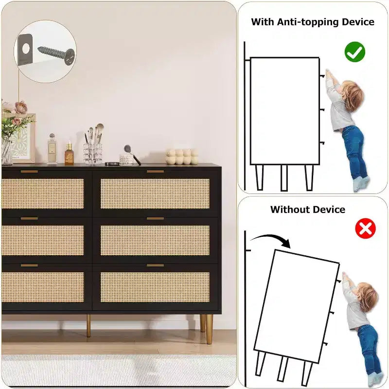 Armoire de rangement en rotin à 6 tiroirs de 29,5 po, buffet large avec grand plateau, conception anti-basculement pour chambre et salon
