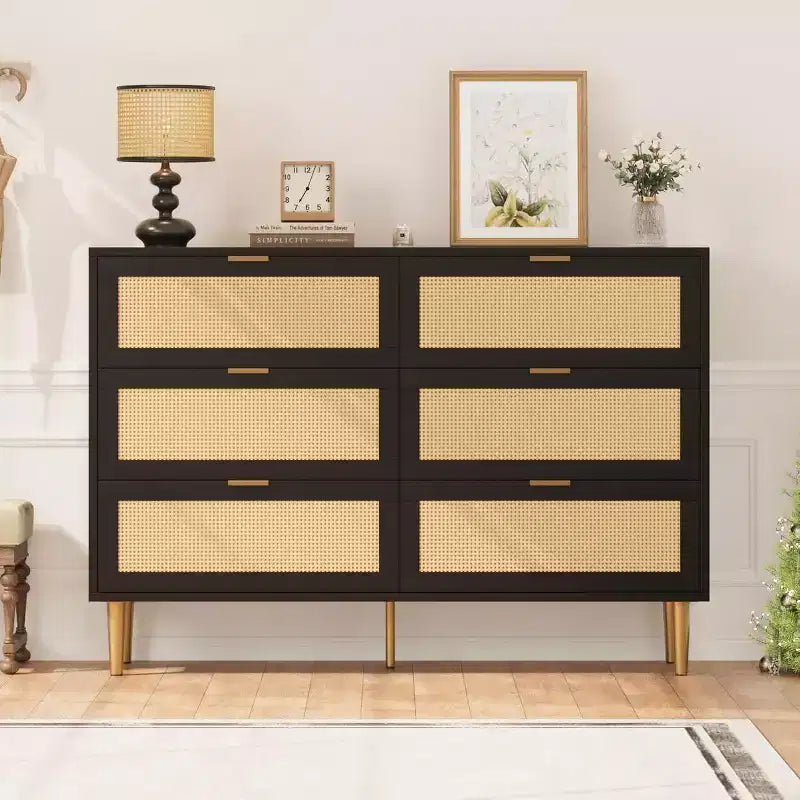Armoire de rangement en rotin à 6 tiroirs de 29,5 po, buffet large avec grand plateau, conception anti-basculement pour chambre et salon