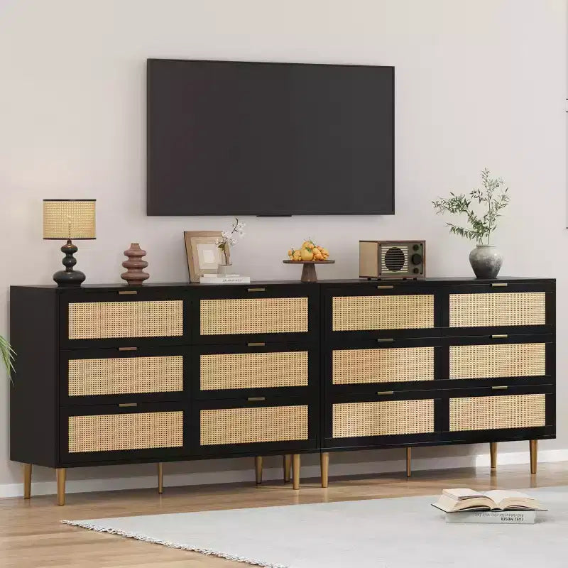 Armoire de rangement en rotin à 6 tiroirs de 29,5 po, buffet large avec grand plateau, conception anti-basculement pour chambre et salon