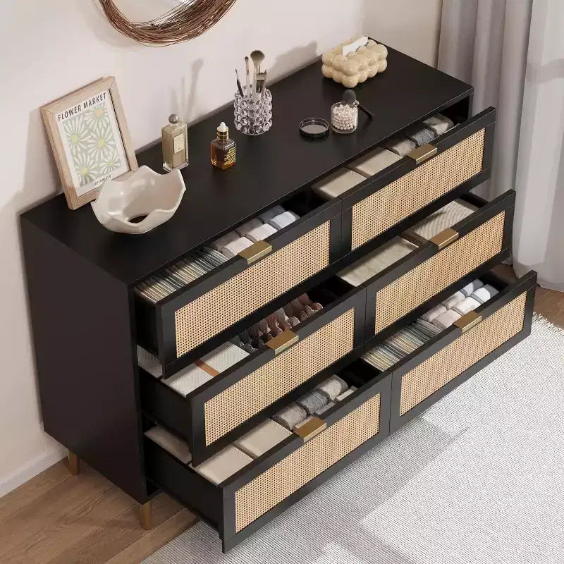29.5 Rattan 6-Drawer Storage Chest, Wide Cabinet with Large Tabletop, Anti-Tip Design for Bedroom & Living Room