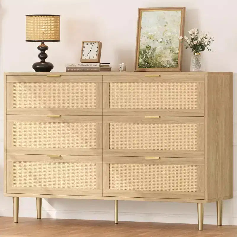 Armoire de rangement en rotin à 6 tiroirs de 29,5 po, buffet large avec grand plateau, conception anti-basculement pour chambre et salon