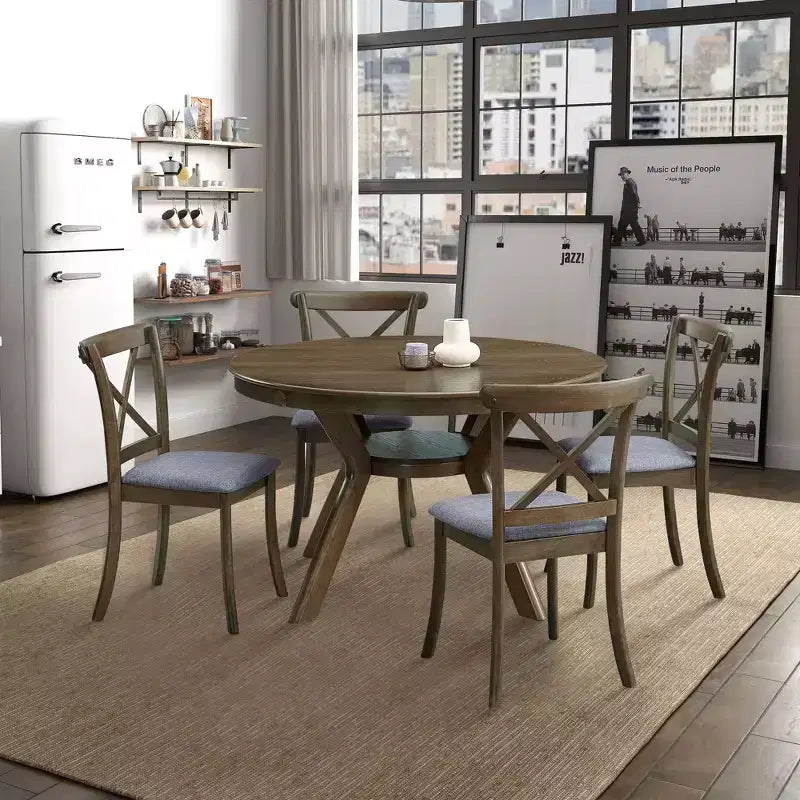 Table à manger ronde moderne Okak avec piédestal en tréteaux, table en bois pour salle à manger, restaurant