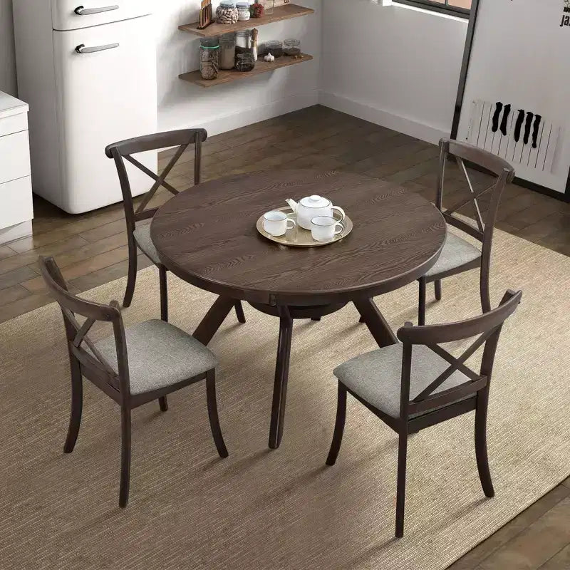 Table à manger ronde moderne Okak avec piédestal en tréteaux, table en bois pour salle à manger, restaurant