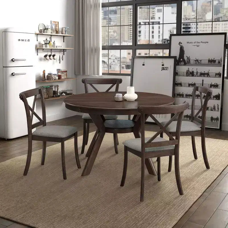 Table à manger ronde moderne Okak avec piédestal en tréteaux, table en bois pour salle à manger, restaurant