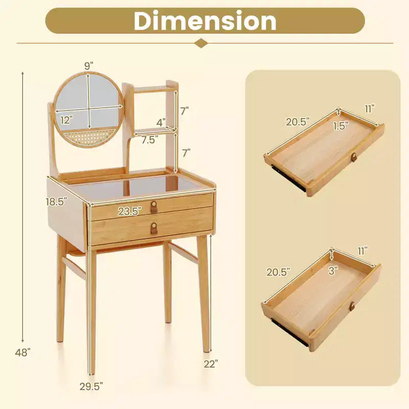 Costway Table de Maquillage Compacte 23,5" avec 2 Tiroirs, Étagères de Rangement Ouvertes et Tabouret