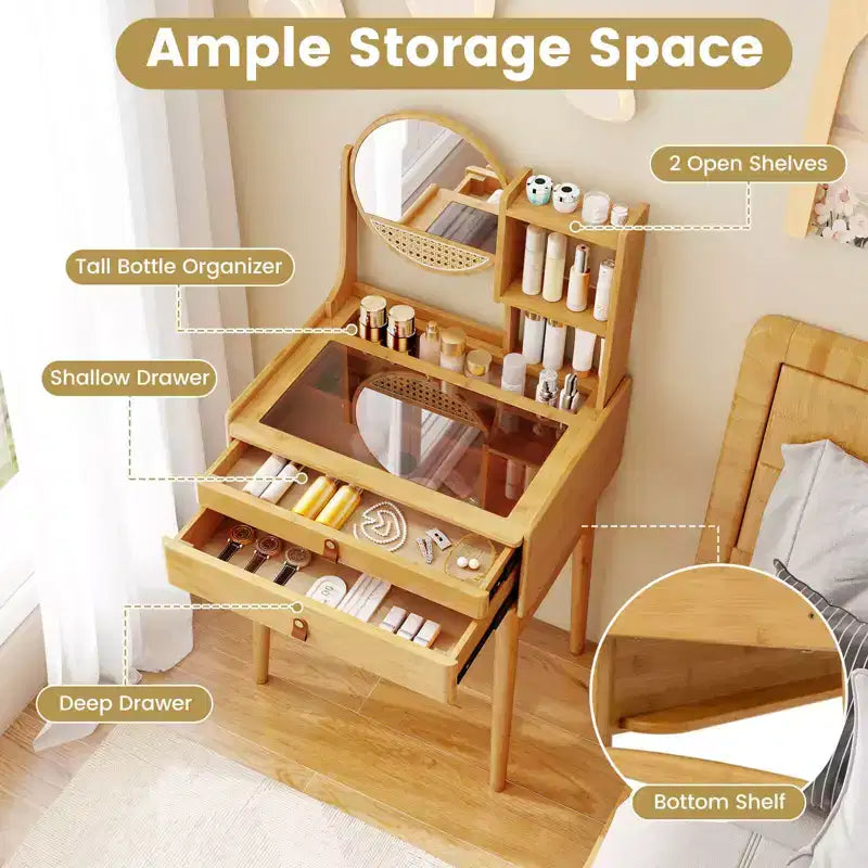 Costway Table de Maquillage Compacte 23,5" avec 2 Tiroirs, Étagères de Rangement Ouvertes et Tabouret