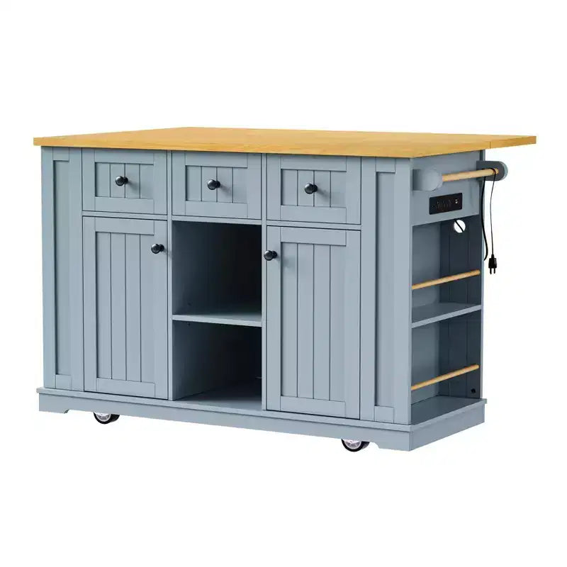 Grand îlot de cuisine roulant CLIHOME avec 2 tabourets de bar, prise de courant, porte de rangement interne, 5 étagères latérales ouvertes