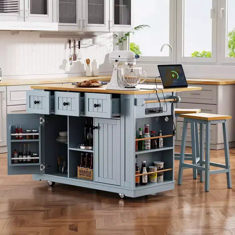 Grand îlot de cuisine roulant CLIHOME avec 2 tabourets de bar, prise de courant, porte de rangement interne, 5 étagères latérales ouvertes