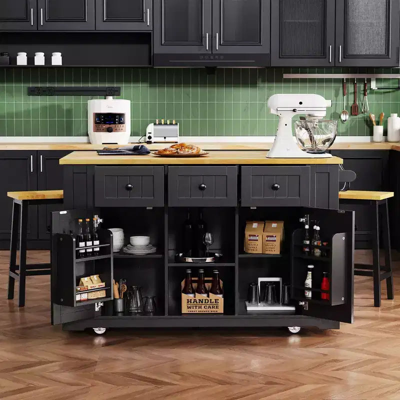Grand îlot de cuisine roulant CLIHOME avec 2 tabourets de bar, prise de courant, porte de rangement interne, 5 étagères latérales ouvertes