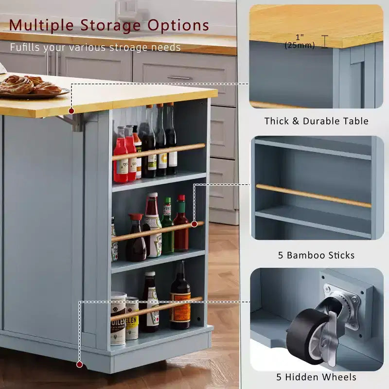 Grand îlot de cuisine roulant CLIHOME avec 2 tabourets de bar, prise de courant, porte de rangement interne, 5 étagères latérales ouvertes