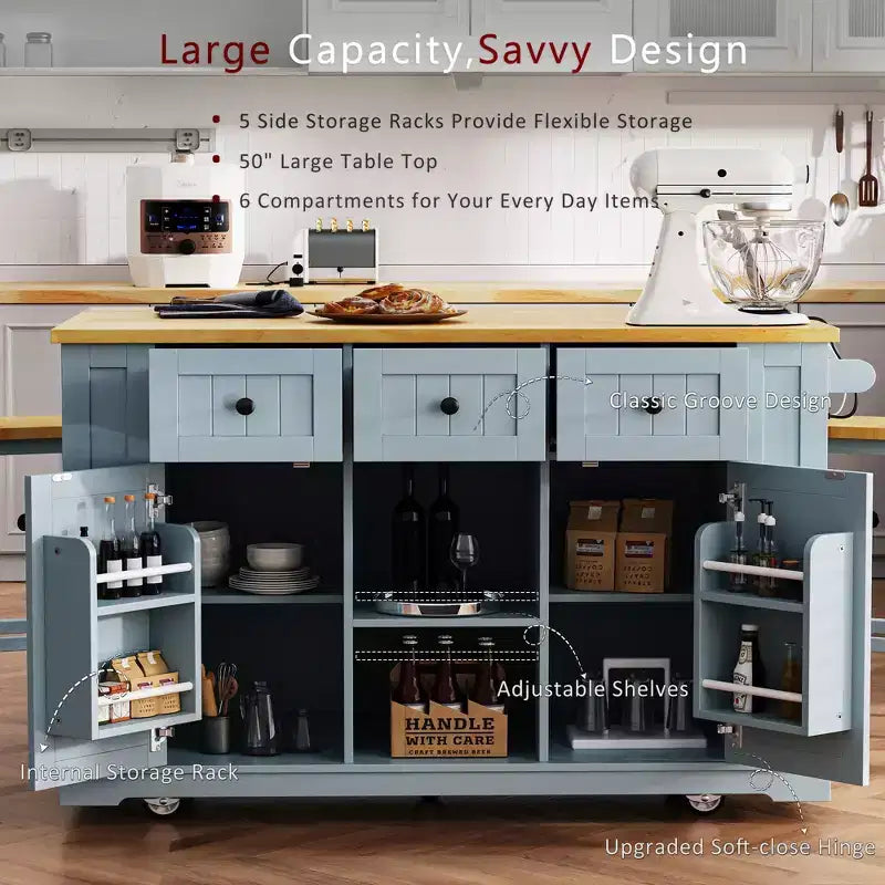 Grand îlot de cuisine roulant CLIHOME avec 2 tabourets de bar, prise de courant, porte de rangement interne, 5 étagères latérales ouvertes