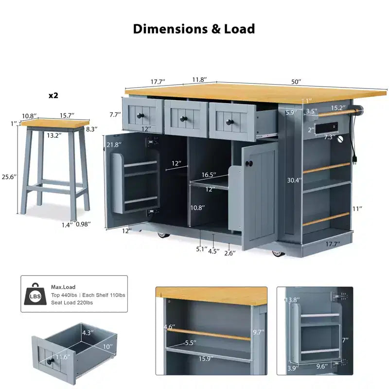 Grand îlot de cuisine roulant CLIHOME avec 2 tabourets de bar, prise de courant, porte de rangement interne, 5 étagères latérales ouvertes