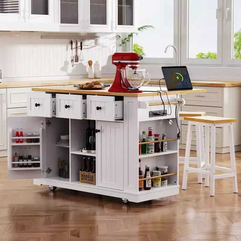 Grand îlot de cuisine roulant CLIHOME avec 2 tabourets de bar, prise de courant, porte de rangement interne, 5 étagères latérales ouvertes