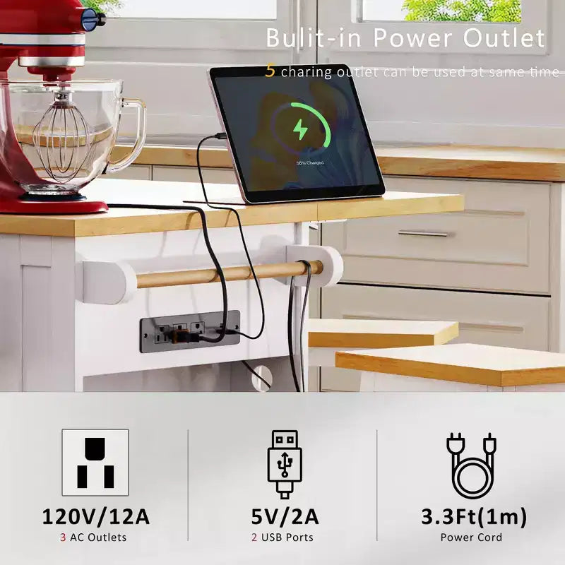 Grand îlot de cuisine roulant CLIHOME avec 2 tabourets de bar, prise de courant, porte de rangement interne, 5 étagères latérales ouvertes