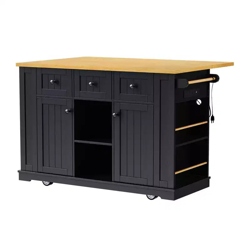 Grand îlot de cuisine roulant CLIHOME avec 2 tabourets de bar, prise de courant, porte de rangement interne, 5 étagères latérales ouvertes