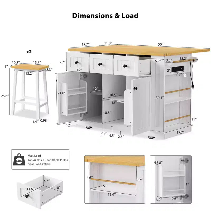 Grand îlot de cuisine roulant CLIHOME avec 2 tabourets de bar, prise de courant, porte de rangement interne, 5 étagères latérales ouvertes