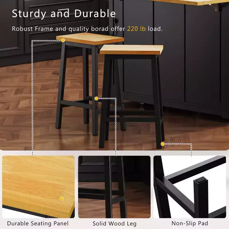 Grand îlot de cuisine roulant CLIHOME avec 2 tabourets de bar, prise de courant, porte de rangement interne, 5 étagères latérales ouvertes