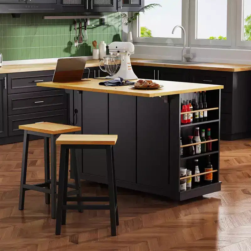 CLIHOME Large Rolling Kitchen Island with 2 Bar Stools, Power Outlet, Door Internal Storage Rack, 5 Open Side Racks