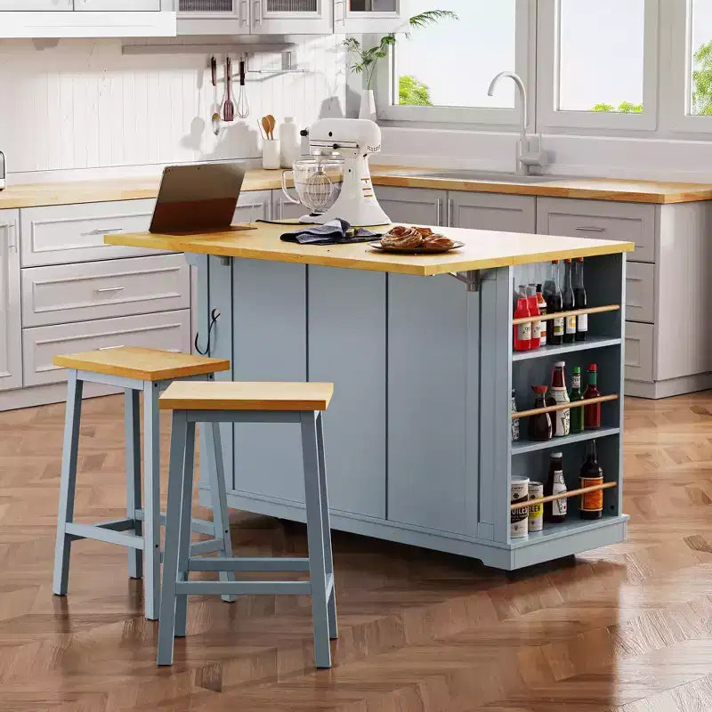 Grand îlot de cuisine roulant CLIHOME avec 2 tabourets de bar, prise de courant, porte de rangement interne, 5 étagères latérales ouvertes