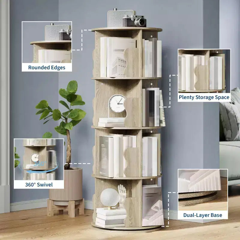 Étagère tournante à 4 niveaux, étagère d'angle pivotante pour petits espaces, tour de rangement rotative à 360°, bibliothèque verticale tournante