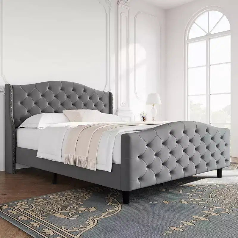 Queen Size Velvet Tufted Platform Bed Frame with Wingback Headboard - Wood Slat Support, No Box Spring Needed, Gray Upholstered Bed