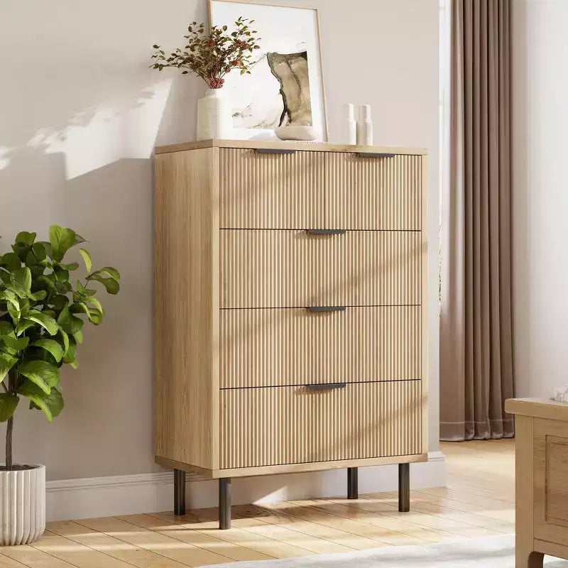GustoWave Oak Fluted 5 Drawer Dresser, Wood Chest of Drawers with Wide Drawers, Closet Dresser Organizer with Anti-Tipping Device and Metal Legs