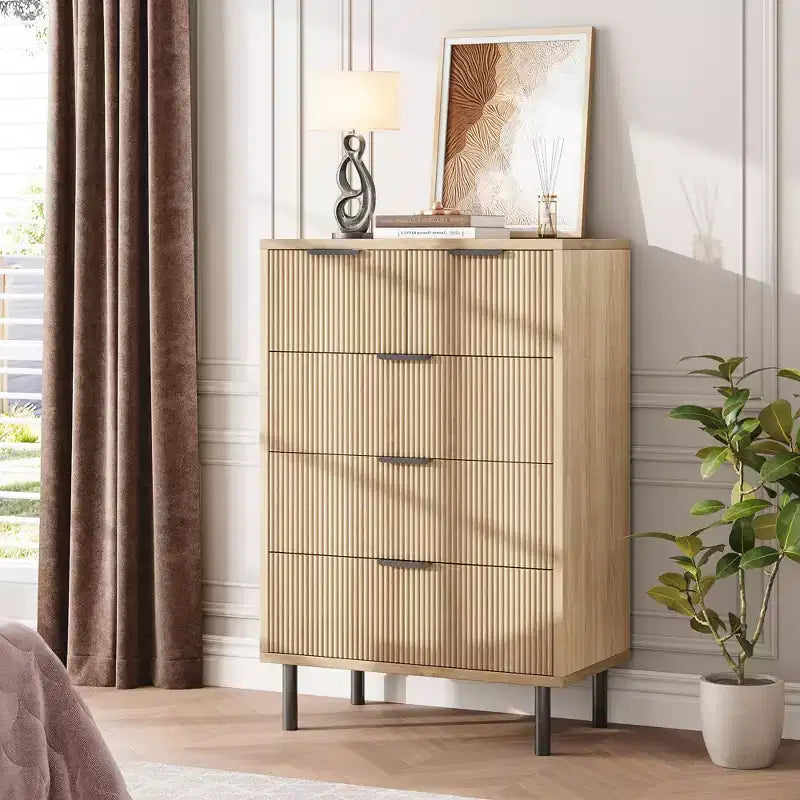Commode 5 tiroirs cannelés en chêne GustoWave, commode en bois avec tiroirs larges, organisateur de commode de placard avec dispositif anti-basculement et pieds en métal