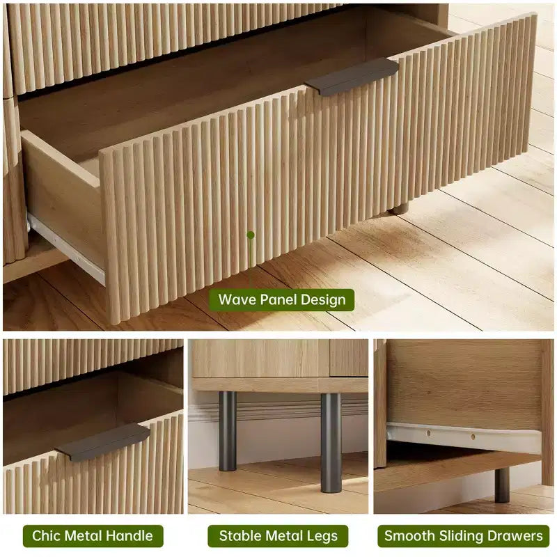 Commode 5 tiroirs cannelés en chêne GustoWave, commode en bois avec tiroirs larges, organisateur de commode de placard avec dispositif anti-basculement et pieds en métal