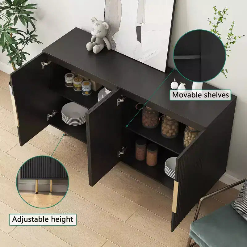 Meuble de rangement Okak Buffet, Buffet cannelé avec portes et étagères réglables, Console de bar à café pour salon/salle à manger