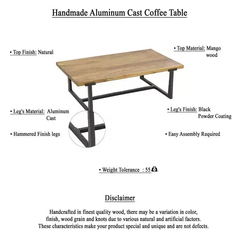 Table basse Royal Hampton 48 | Cadre noir en aluminium moulé fait main | Plateau en bois de manguier massif