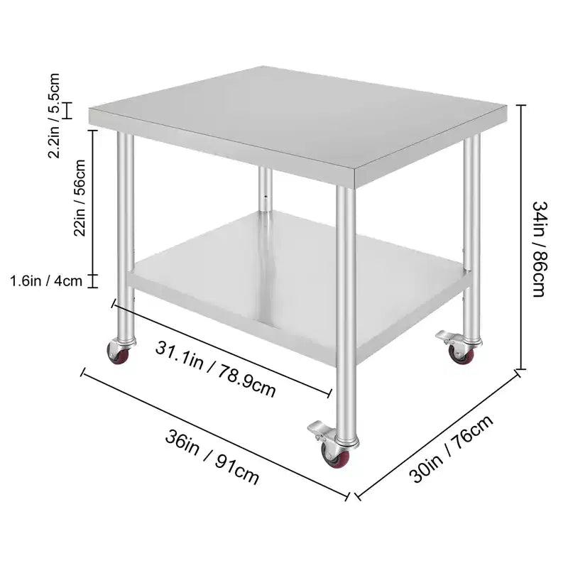 Table de travail VEVOR en acier inoxydable 36 x 30 x 34 pouces, capacité de charge 317,5 kg avec 4 roues, 3 niveaux de hauteur réglables, argent