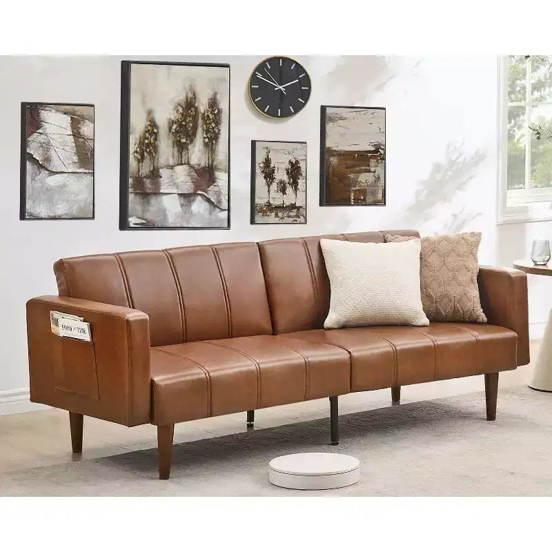75 Futon Sofa Bed Mid-Century Futon Couch, PU Leathe Convertible Sleeper Couch with Adjustable Backrest, Loveseat and Side Pockets for Living Room