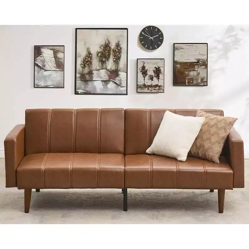 Canapé-lit futon 75 Canapé futon du milieu du siècle, canapé-lit convertible en cuir PU avec dossier réglable, causeuse et poches latérales pour le salon