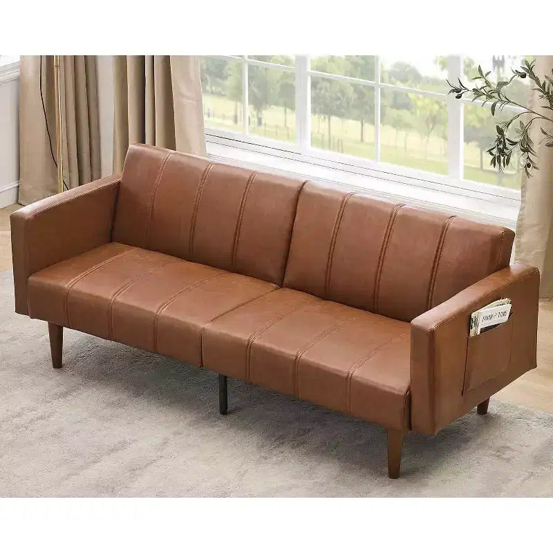 Canapé-lit futon 75 Canapé futon du milieu du siècle, canapé-lit convertible en cuir PU avec dossier réglable, causeuse et poches latérales pour le salon
