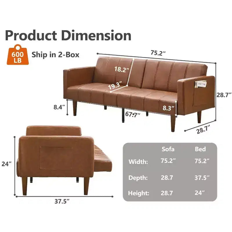 Canapé-lit futon 75 Canapé futon du milieu du siècle, canapé-lit convertible en cuir PU avec dossier réglable, causeuse et poches latérales pour le salon
