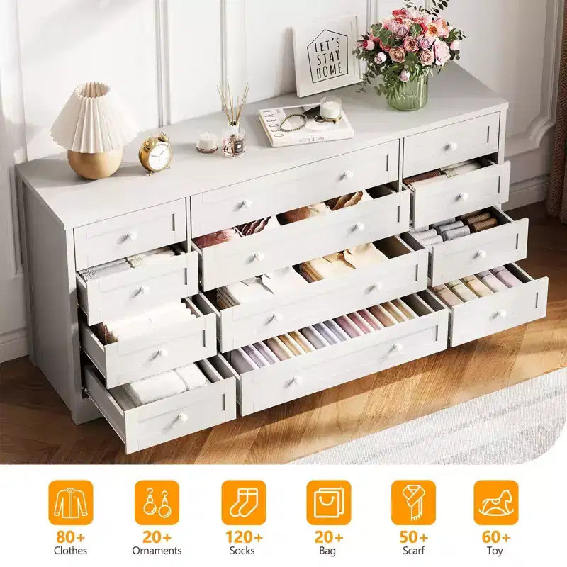 Commode GustoWave à 12 tiroirs pour chambre à coucher, 63 commodes en bois pour salon pour téléviseur de 65 pouces, commode moderne