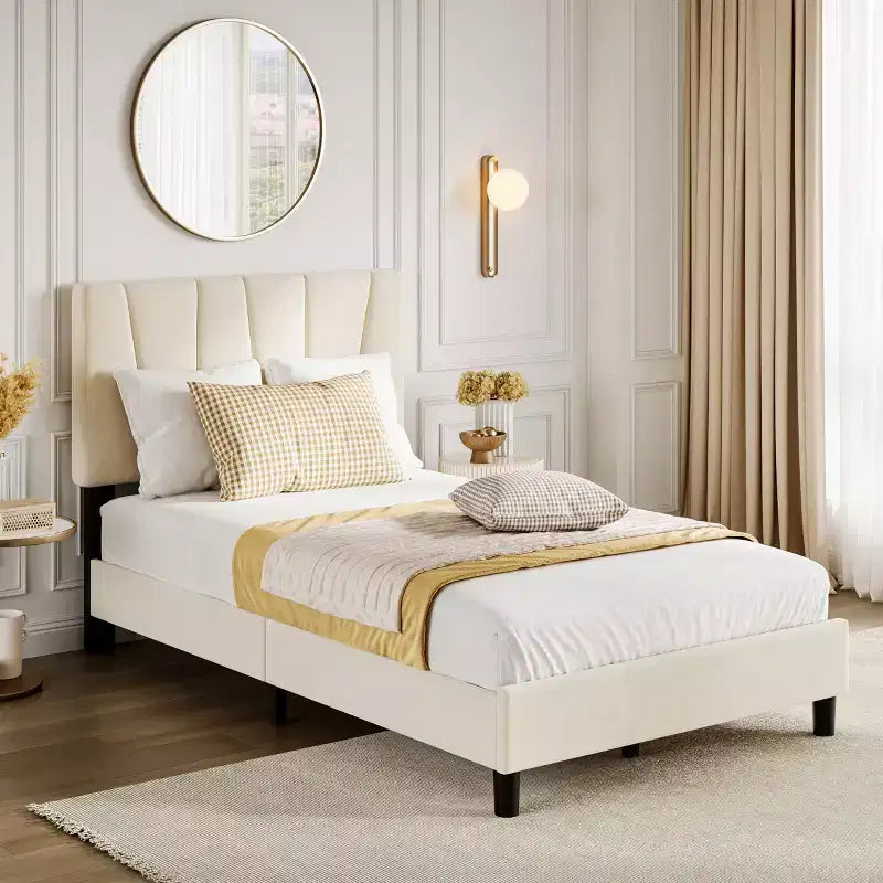 Twin Bed Frame with Headboard Adjustable, Velvet Upholstered Tufted Platform Bedframe No Box Spring Needed (Beige)