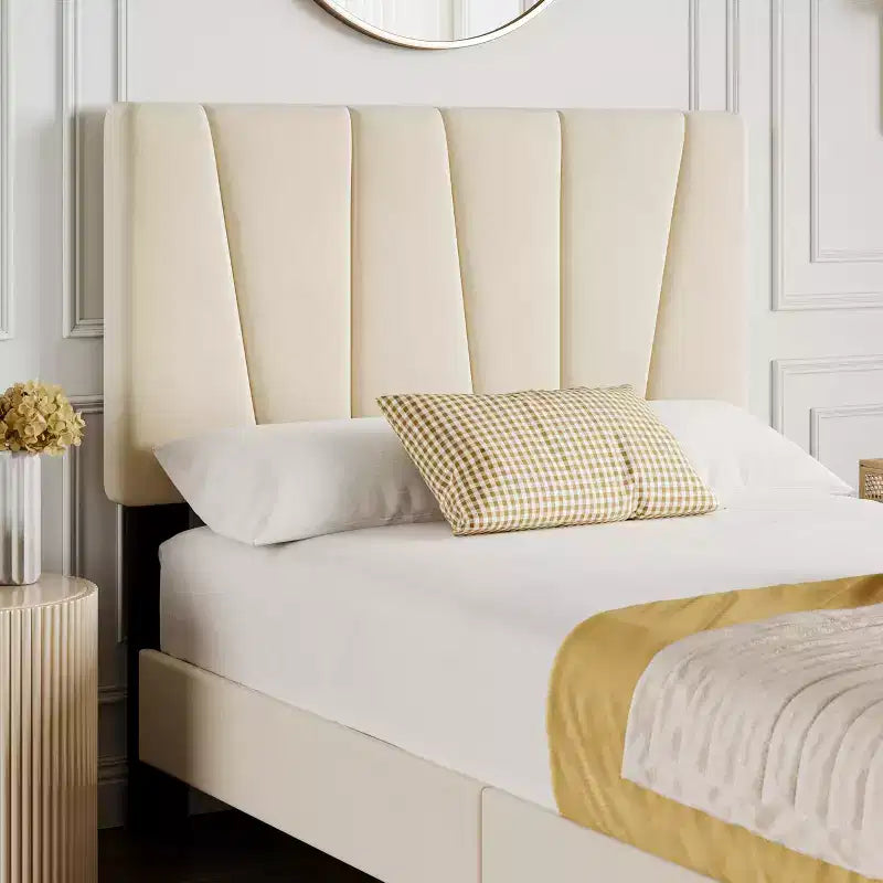 Cadre de lit double avec tête de lit réglable, sommier tapissier en velours capitonné, aucun sommier à ressorts requis (beige)